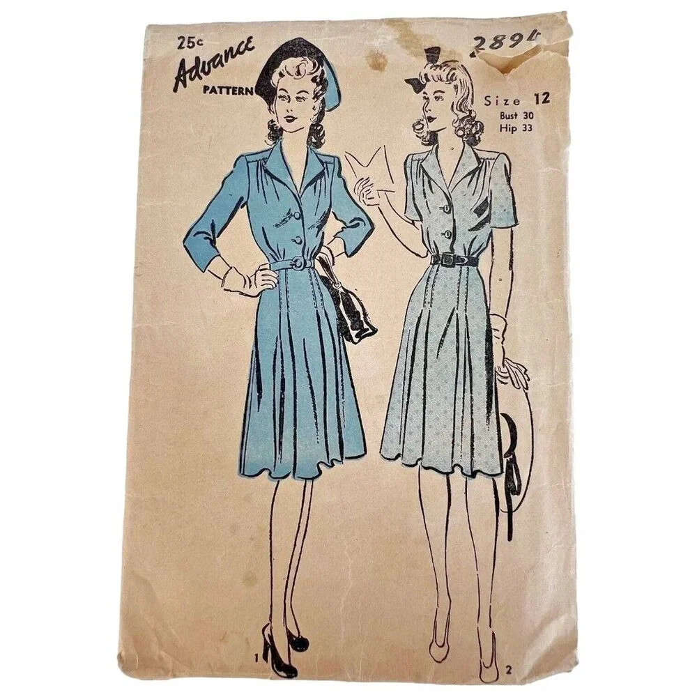 40s Advance Sewing Pattern 2894 Shirtwaist Dress Size 12 Bust 30
